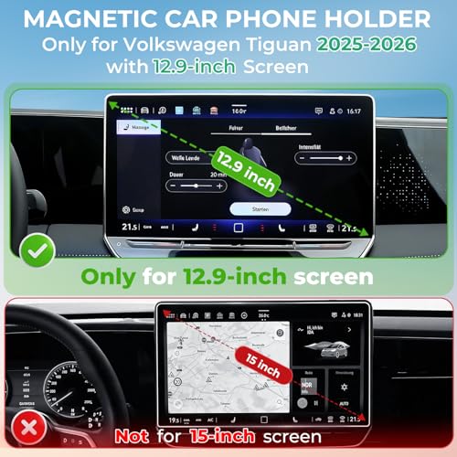 Car Phone Holder for Volkswagen VW Tiguan 2026 2025 (Only for 12.9-Inch Screen, Not for 15-Inch) 360° Rotation Magnetic Cell Phone Mount, Compatible with Magsafe, Does Not Affect Air Vent - style: Fit for 2025-2026 Tiguan, 12.9-Inch