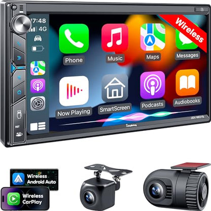 SJoyBring Upgrade Wireless Double Din Car Stereo with Apple Carplay, Android Auto, Dash Cam, Bluetooth, 4-Channel RCA, 2 Subwoofer Ports, 7" HD Capacitive Touchscreen Car Radio, 60W*4, Backup Camera - color: Black Wireless Car Stereo with Dash Cam