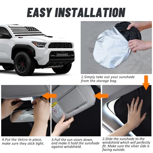 D-Lumina Windshield Sun Shade for 2010-2025 Toyo-ta 4Runner Accessories, Front Window Sunshade American Flag Sun Visor Protector Sun Shield Block UV Rays Heat, Foldable 2 Layers 210T Material - size: Silver & Black-fit 2010-2025 Toyota 4runner