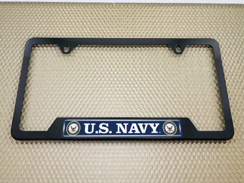 [Officially Licensed Product] - Stainless Steel Matte Black CAR 2-Hole Standard Size - Domed Custom-Made Corrosion-Resistant License Plate Frame with U.S. Navy Design and Free caps - (Qty: 1 Frame) - size: U.S. Navy