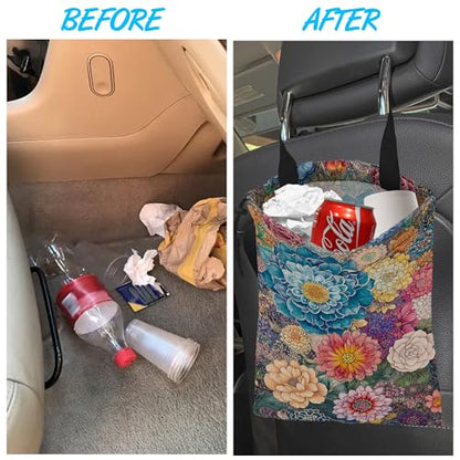 Car Trash Bag Hanging Blooming Flowers Car Trash Can Waterproof Garbage Bag Hanging for Car Back Seat - color: Blooming Flowers