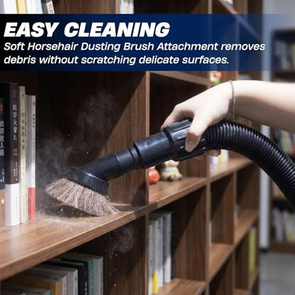 1.25 Inch Premium Soft Horse Hair Vacuum Brush Plus Vacuum Hose Adapter Kit Compatible with Shop Vac Hose 2-1/2'' & 1-1/4'' - Vacuum Attachment for Car Detailing, Furniture & Baseboards
