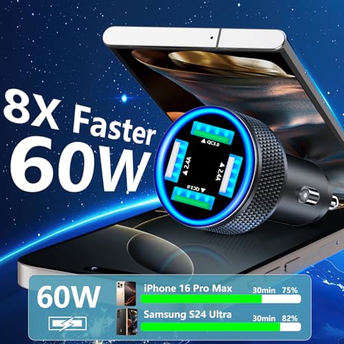 USB Fast Car Charger, Stuffcool 60W 2USB-A + 2QC3.0 Car Power Adapter 4-Port Car Charge Cigarette Lighter USB Charger Car Carplay Charger for iPhone 17 17 Pro 16 15 14 13 12/Galaxy S26 S25/Pixel/iPad - color: Matte Black