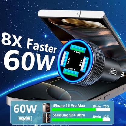 USB Fast Car Charger, Stuffcool 60W 2USB-A + 2QC3.0 Car Power Adapter 4-Port Car Charge Cigarette Lighter USB Charger Car Carplay Charger for iPhone 17 17 Pro 16 15 14 13 12/Galaxy S26 S25/Pixel/iPad - color: Matte Black