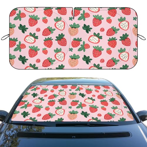 Strawberries Car Windshield Sunshade - Folding Kawaii Cartoon Cute Fruit Heatshield Front Window Sun Shade - UV Rays Block Visor Protector for Sedan, Truck, SUV Accessories - color: Strawberries, size: 59"L x 31.5"W