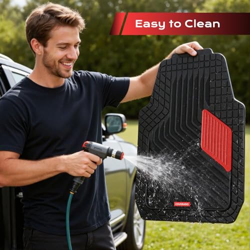 Coverado Heavy-Duty PVC Car Floor Mats Full Set – Red Metallic Heel Pad, All-Weather Protection for Front & Rear, Non-Slip Backing, Easy-to-Clean Liners, 4 Pcs - color: Red