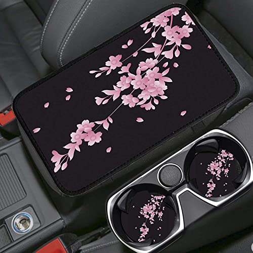 Auto Center Console Cover Pad+ 2 Coasters, Stylish Pattern Soft Car Armrest Cover Auto Center Console Pad, Car Decorative Accessory Universal Fit for Most Car/SUV/Truck, Cherry Blossom - color: Cherry Blossom