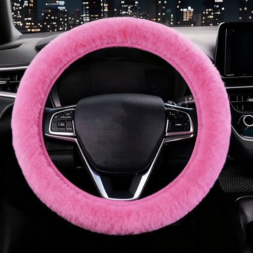 Furry Car Steering Wheel Cover, Fluffy Cover, Soft Warm Plush Non-Slip, 14 1/2-15 inch, for Women Girls, Pink - color: single cover - pink