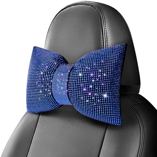 surpassme 2PCS Rhinestone Car Headrest Neck Pillow for Driving with Bling Bling Crystal Bow Pillow Car Accessories for Women (Blue) - color: 2 Blue Pillows