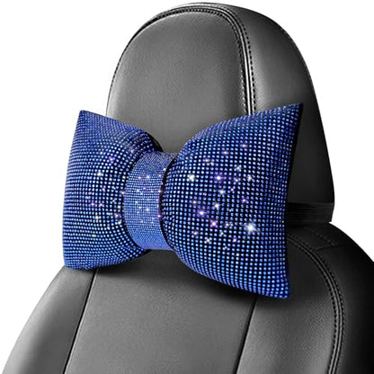 surpassme 2PCS Rhinestone Car Headrest Neck Pillow for Driving with Bling Bling Crystal Bow Pillow Car Accessories for Women (Blue) - color: 2 Blue Pillows