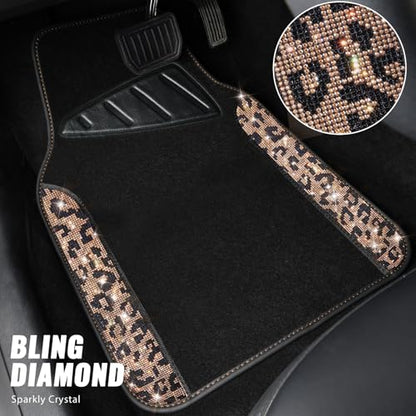 CAR PASS Bling Diamond Car Floor Mats, Shining Rhinestone Carpet Sparkly Glitter Crystal with Anti-Slip PVC Heel Pad Waterproof Universal Fit Automotive SUV,Sedan,Van,Cute Girl Women,4pcs Gold Leopard - color: Gold Leopard