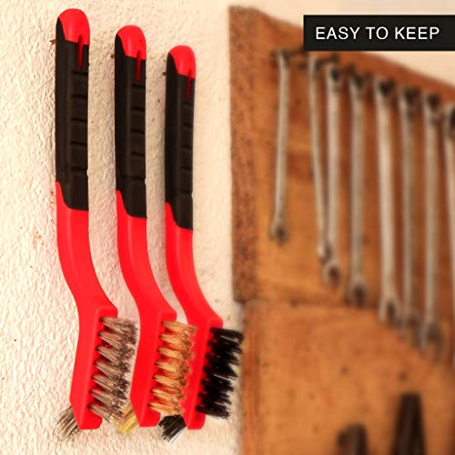 Lavaxon Wire Brush Set 3Pcs - Nylon/Brass/Stainless Steel Bristles with Curved Handle Grip for Rust, Dirt & Paint Scrubbing with Deep Cleaning – 7 Inches (Red) - color: Red