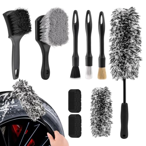 9PCS Car Wheel Cleaning Pro Kit, Tire Brush, Soft-bristled Rims Brush, Microfiber Flat Wheel Brushes, Double-Ended Detailing Brushes, Detailing Pads, Scratch-Free & Multipurpose(COLOR:Black Grey)