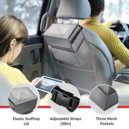 Simple Deluxe 2 Gallon Car Trash Can, Collapsible Adjustable Straps and Portable Organizer, Multipurpose Bin with Lid and Storage Pockets, Grey