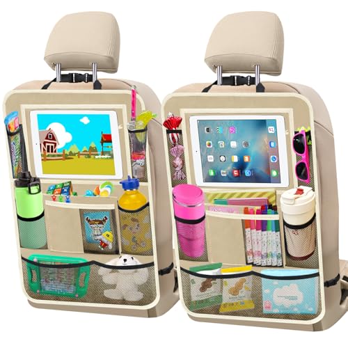Car Backseat Organizer ，2 Pack Car Organizer Back Seat with 11" Tablet Holder, 10 Storage Pockets Seat Back Protectors Kick Mats for Kids Toddlers, Travel Accessories (Beige) - color: Beige, size: 2 Pack