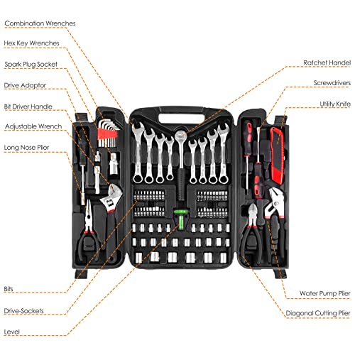 TLGREEN 95 Piece Tool Set, Tool Kit, Mechanics Tool Set, Portable Toolbox with Adjustable Wrench Pliers Socket Bits, with Plastic Toolbox, for House Apartment Garage (Red) - color: Red
