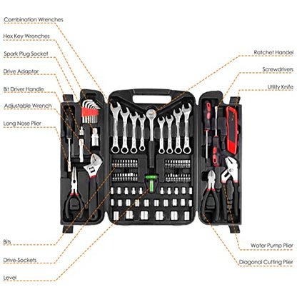 TLGREEN 95 Piece Tool Set, Tool Kit, Mechanics Tool Set, Portable Toolbox with Adjustable Wrench Pliers Socket Bits, with Plastic Toolbox, for House Apartment Garage (Red) - color: Red