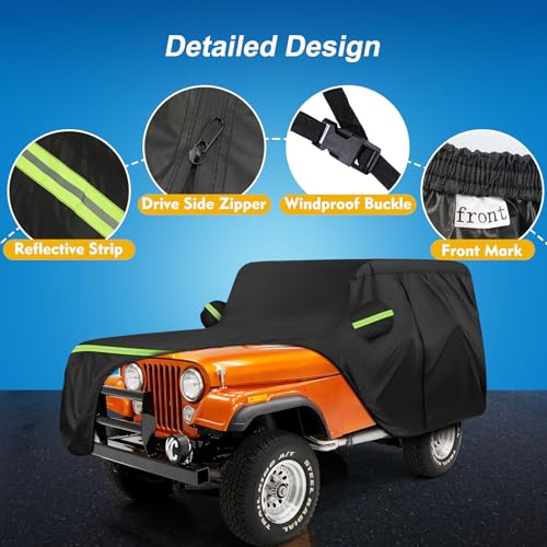 QUNSUNUS Waterproof Car Cover for Jeep CJ5 1955-1983, Outdoor Cj5 Cover with Cotton Lining, All Weather Cover with Straps and Zipper for Wind, Sun, UV and Dust Protection - size: for Jeep CJ5