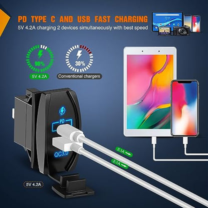 Nilight Rocker Switch Style USB Outlet Socket Fits Panel 4.2A PD Type C and QC 3.0 12V 24V Fast Socket Dual Outlets Port for Cars Boats Trucks RVs - style: Type C + USB
