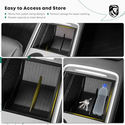 YHTAUTO Center Console Organizer Tray Fit for Tesla Model 3 2021-2023 Model Y 2021-2024, TPE Center Control Console Lower Bottom Storage Box with Non-slip Armrest - Black - color: Center Console Lower Bottom