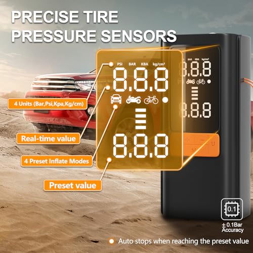 Tire Inflator Portable Air Compressor, 150 PSI Air Pump for Car Tires, Bike Tire Pump with Digital Pressure Gauge, LED Light & Auto Shut-Off – Portable Tire Inflator for Car, Motorcycle, Bike, Balls