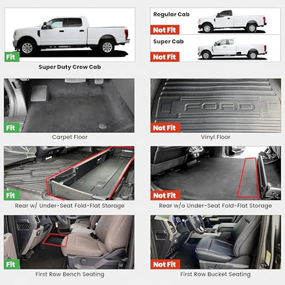 LASFIT Floor Mats for Ford F250 F350 F450 2017-2026 Crew Cab Front Bench Seat | Rear W/Fold-Flat Storage Carpet Floor Super Duty All Weather Protector TPE Car Floor Liner, 1st & 2nd Row, 2pcs Black - style: 2) SuperDuty Crew Cab&Bench Seat| 17-26 | 2Rows