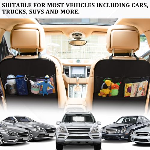 2PCS Kick Mats Back Seat Protector Back Seat Cover for Kids Feet Car Seats Kick Mat Vehicle Organizer Black Car Mats Travel Bag 2 Mesh Storage Pockets Waterproof Pad Interior Protectors