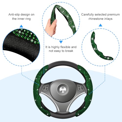 Bling Car Steering Wheel Cover, Rhinestones Non-Slip 15 Inches Vehicle Wheel Cover, Diamond Sparkling Steering Protector for Women Girls, Universal Automotive Accessories (Green) - color: Green