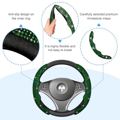 Bling Car Steering Wheel Cover, Rhinestones Non-Slip 15 Inches Vehicle Wheel Cover, Diamond Sparkling Steering Protector for Women Girls, Universal Automotive Accessories (Green) - color: Green