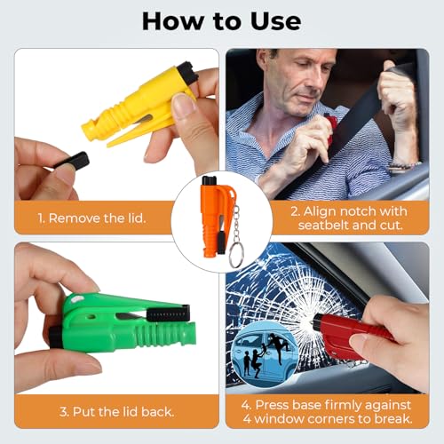 PIFOOG Pack of 8 Window Breaker Seatbelt Cutter Keychain 3-in-1 Car Escape Tool Mini Glass Breaker Seat Belt Cutters Survival Whistle Vehicle Emergency Rescue Safety Tools 8 Colors - color: 8 PCS