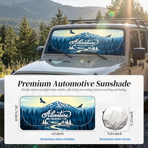 63"x28.5" Car Windshield Sun Shade with Storage Pouch, Stylish Printed Front Window Sunshade with Double Ring Frame, Universal Fit Foldable Heat Blocker & UV Protector for SUV, Sedan (Adventure-Peak) - color: Adventure-Peak