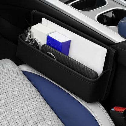Car Seat Gap Filler Organizer with Lid, Universal Leather Auto Front Seat Storage Box, Adjustable Car Center Console Side Pocket for Phones, Keys, Glasses, Cards, No Seat Belt Block (Black) - color: Black