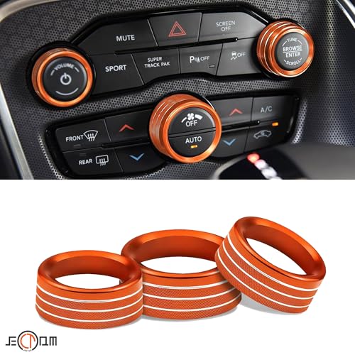 Air Conditioner Switch Button Knob Cover, Car Interior Accessories Radio Volume Control Knob, Aluminum Alloy Trim Rings Compatible with Dodge Challenger Durango 2015-2022 - color: Orange