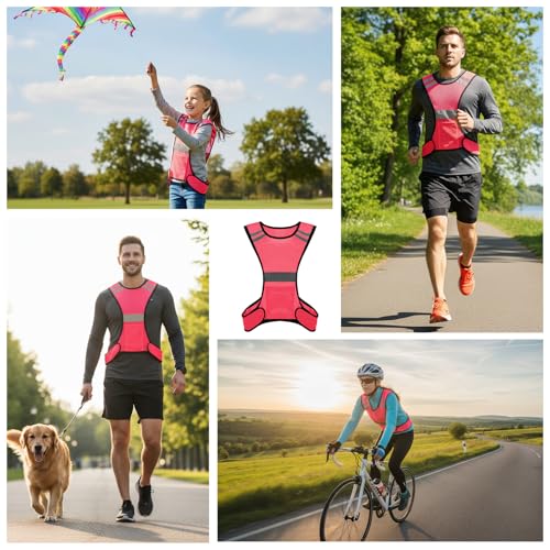Ptwola Reflective Running Vest High Visibility Running Gear with Large Pocket Night Lightweight Reflective Safety Vest - color: Pink