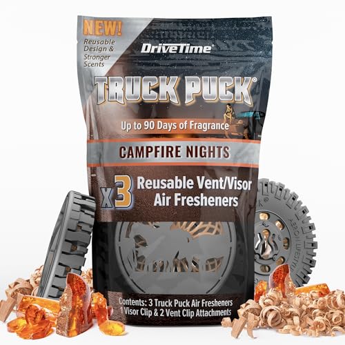 Drive Time Truck Puck Campfire Night Fragrancee Car Air Freshener – Long-Lasting Car Deodorizer, Refillable Vent & Visor Clip Auto Air Freshener for Car, Truck & SUV, Premium Fragrance, Pack of 3