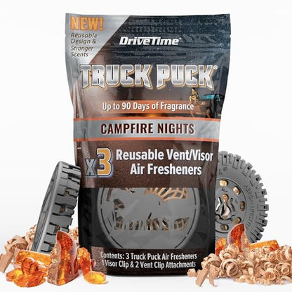 Drive Time Truck Puck Campfire Night Fragrancee Car Air Freshener – Long-Lasting Car Deodorizer, Refillable Vent & Visor Clip Auto Air Freshener for Car, Truck & SUV, Premium Fragrance, Pack of 3