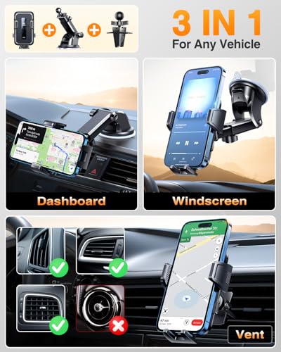 VANMASS 2026 Car Phone Holder【Military-Grade Strongest 90+LBS Suction】Phone Holder for Your Car Dashboard Windshield Vent Cell Phone Mount Truck Stand Cradle for iPhone 17 Pro Max 16 15 14 13 Android