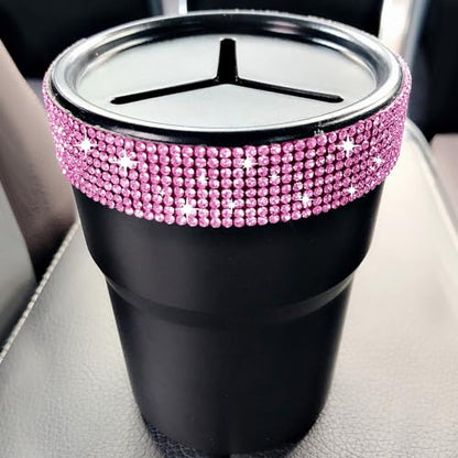 INSTOME Bling Car Trash Can with Lid，Bling Car Change Holder with Lid,Mini Trash Can Cup Holder in Console Pocket Dustbin Cans Portable for Car, Home, Office (Pink) - color: pink