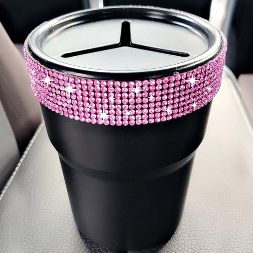 INSTOME Bling Car Trash Can with Lid，Bling Car Change Holder with Lid,Mini Trash Can Cup Holder in Console Pocket Dustbin Cans Portable for Car, Home, Office (Pink) - color: pink