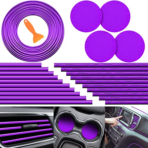 Frienda 25 Pack Universal Car Vent Trim Strips and Cup Mats Set 20 Pcs 16 Feet Air Conditioner Outlet Decor with Installation Tool 4 Pcs Non Slip Cup Holders Mats DIY Trim Accessories(Purple) - color: Purple
