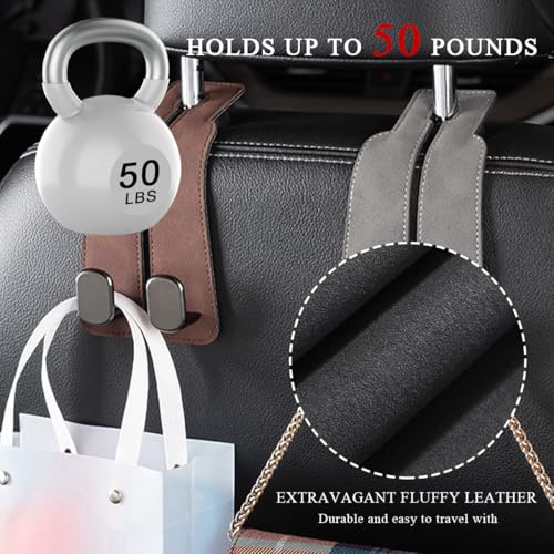 2 PCS Car Seat Headrest Hook, Back Seat Hanger with Double Flexible Leather Hooks, Soft Leather Double Headrest Metal Hooks Purse Handbag Organizer, Car Accessories (Gray) - color: Gray