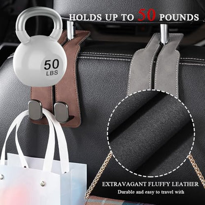 2 PCS Car Seat Headrest Hook, Back Seat Hanger with Double Flexible Leather Hooks, Soft Leather Double Headrest Metal Hooks Purse Handbag Organizer, Car Accessories (Gray) - color: Gray