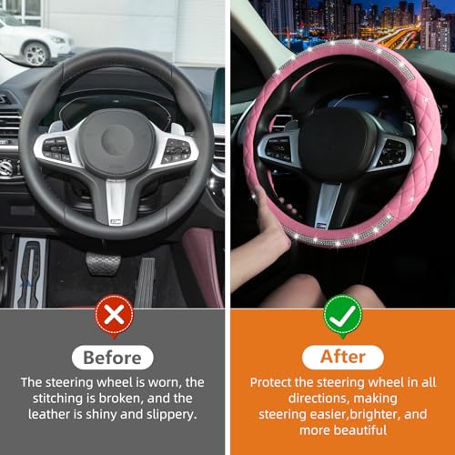 Diamond Steering Wheel Cover，14.5-15 Inch Car Steering Wheel Cover with Bling Crystal Rhinestone，Delicate and Anti-Slip Sparkly Car Wheel Protector for Women Girl，Pink - color: Pink