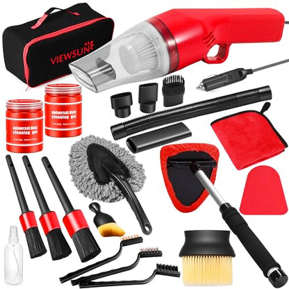 17PCS Car Cleaning Kit, Car Interior Detailing Kit with Red High Power Handheld Vacuum, Detailing Brush Set, Windshield Cleaner, Cleaning Gel, Complete Auto Accessories for Women - color: Red