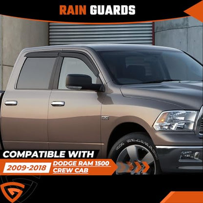 Rain Guards Fit for Dodge Ram 1500 Crew Cab 2009 2010 2011 2012 2013 2014 2015 2016 2017 2018, Tape-On Side Window Deflector Durable 2009-2018 Ram 1500 Crew Cab Rain Guard Black 4 PCS - size: Fit for Dodge Ram 1500 Crew Cab 2009-2018