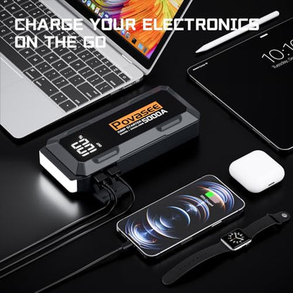 Povasee Car Battery Jump Starter 5000A Jump Box (All Gas/10L Diesel) Portable Car Jump Starter Battery Pack, 12V Jumper Starter Portable 3" LCD Display/Power Bank/Dual Output/LED Light DC - style: A40