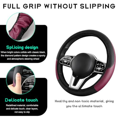 Car Steering Wheel Cover, 15 inch Carbon Fiber Microfiber Leather Elastic Steering Wheel Protector, Breathable Anti-Slip Comfortable Steering Wheel Covers for Most Cars (Wine Red, AD) - color: Wine Red, AD
