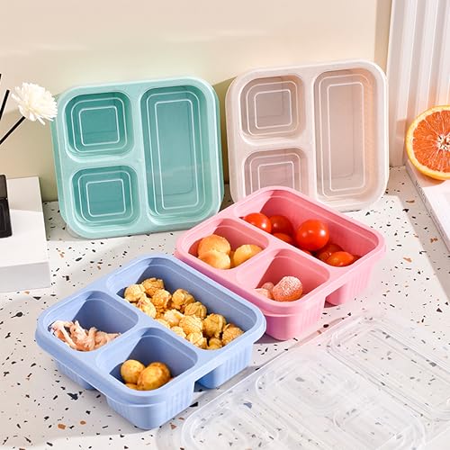 Finorder 4 Pack Wheat Straw Containers, Pastel Multi-color 3 Compartment Reusable Snack Bento Box Toddler, Square Meal Prep Food Containers for Kids, Adults, Office and Travel - color: 4 Pack Wheat Straw Containers