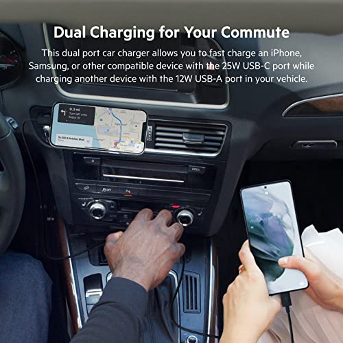 Belkin 37W Dual Port Fast Car Charger with 3.3ft USB-C Cable Included, USB-C 25W PPS Port and USB-A 12W Port for Galaxy S23, S23+, Ultra, Note20, iPhone 14, 13, 12, 11, Pro, Max, Mini and More - style: Dual USB-A & C 37W + USB-C Cable