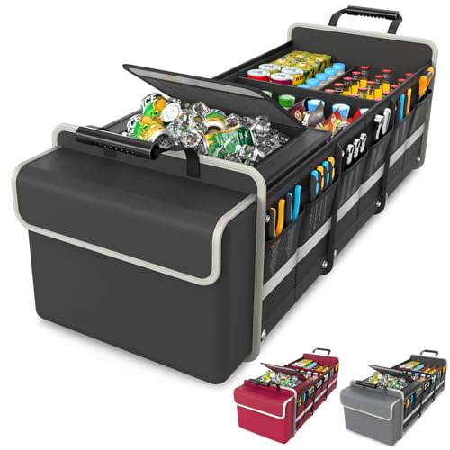 Large Trunk Organizer for SUV with Premium Portable Cooler Bag, Car Organizers and Storage with Foldable Cover, Collapsible Car Trunk Bed Organizer for Truck, 2 Retractable Straps, 90L+20L, Black-C - color: Black, size: XX-Large (90L+20L)